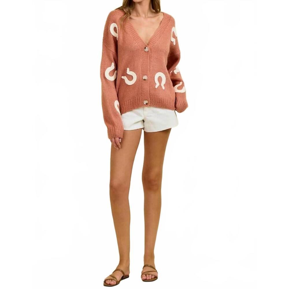 NEW DOE AND RAE western horseshoe patch cardigan in terra cotta